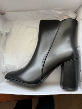 Black Leather-Look Block Heel Ankle Boots - Women